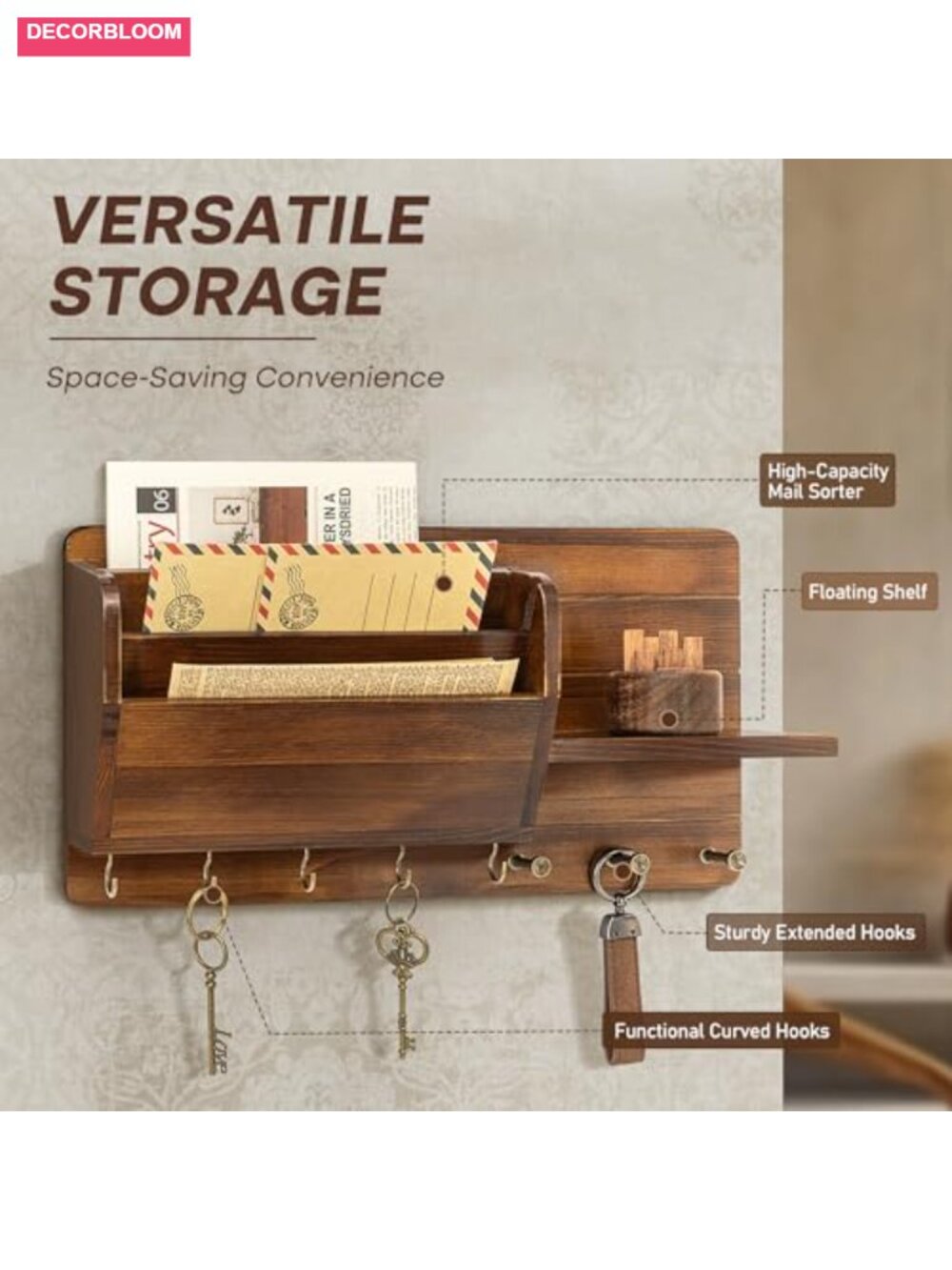Pine Wood Key Holder Wall Mount with Mail Sorter - Picture 5 of 5
